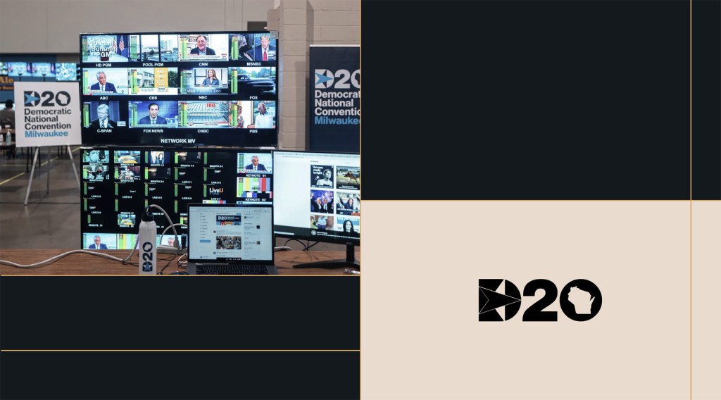 Behind-the-scenes view of the 2020 Democratic National Convention (D20) broadcast setup with multiple monitors displaying news channels and the D20 logo signage, representing digital event management and live streaming coordination.