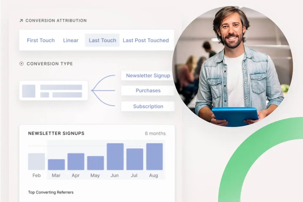 conversion attribution chart with a man smiling holding a blue tablet overlayed 