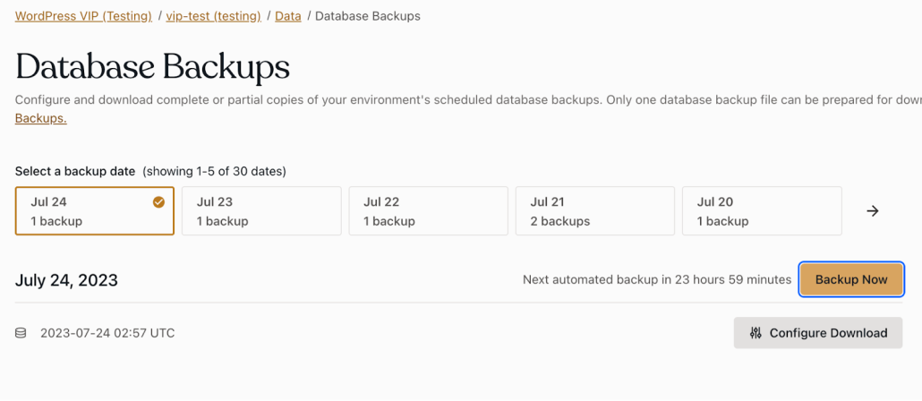 Database backup page displaying available dates for selecting data backup options.