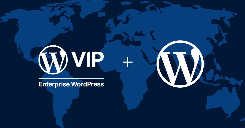 The WordPress VIP logo next to the WordPress logo in front of a map of the world