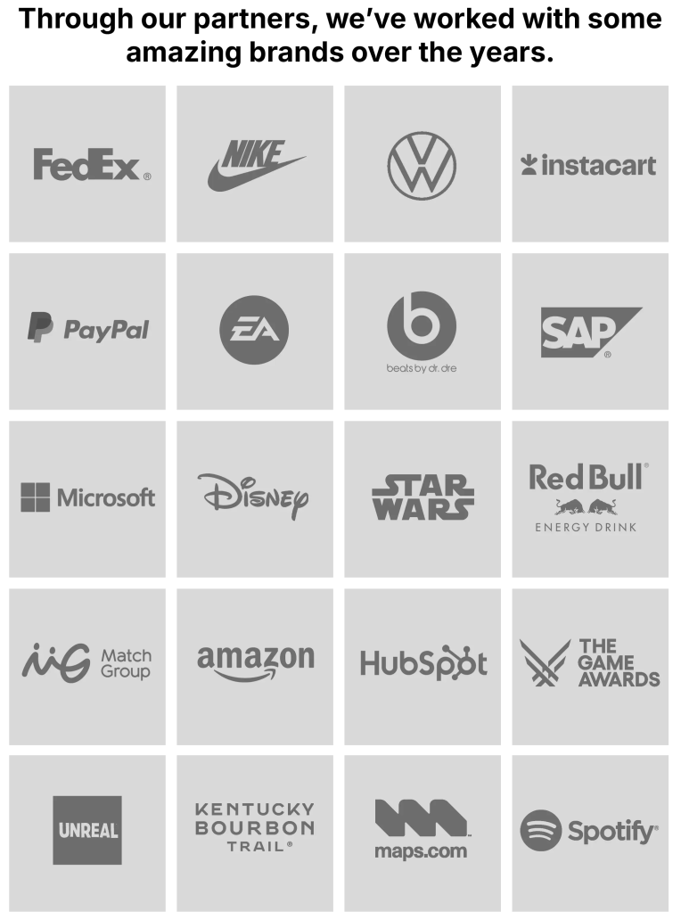 A grid of logos of White Rabbit Group's customers, with the text: "Through our partners, we've worked with some amazing brands over the years."